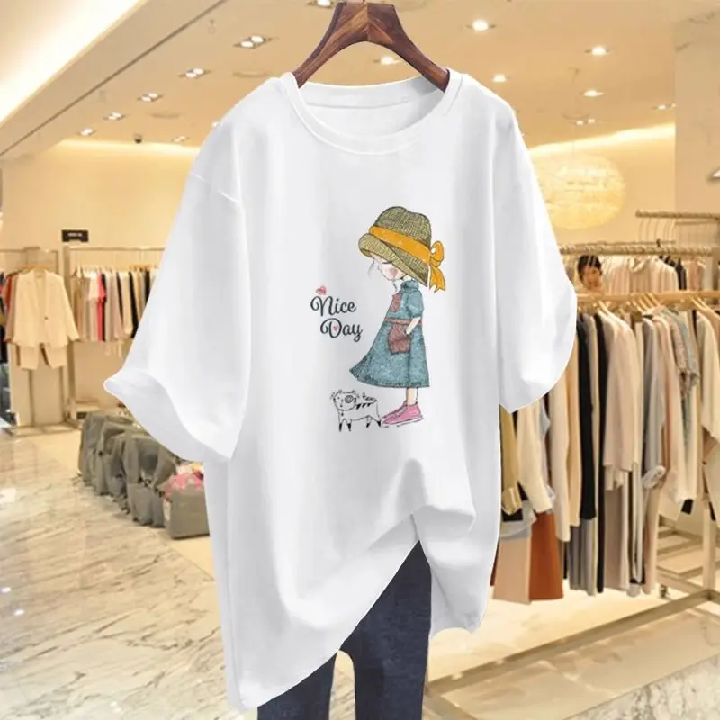 Women's Crew Neck Pullover Summer Pure Cotton O-neck Short Sleeve Tees Lady Loose Hat Girl Printed Basics Casual Tops