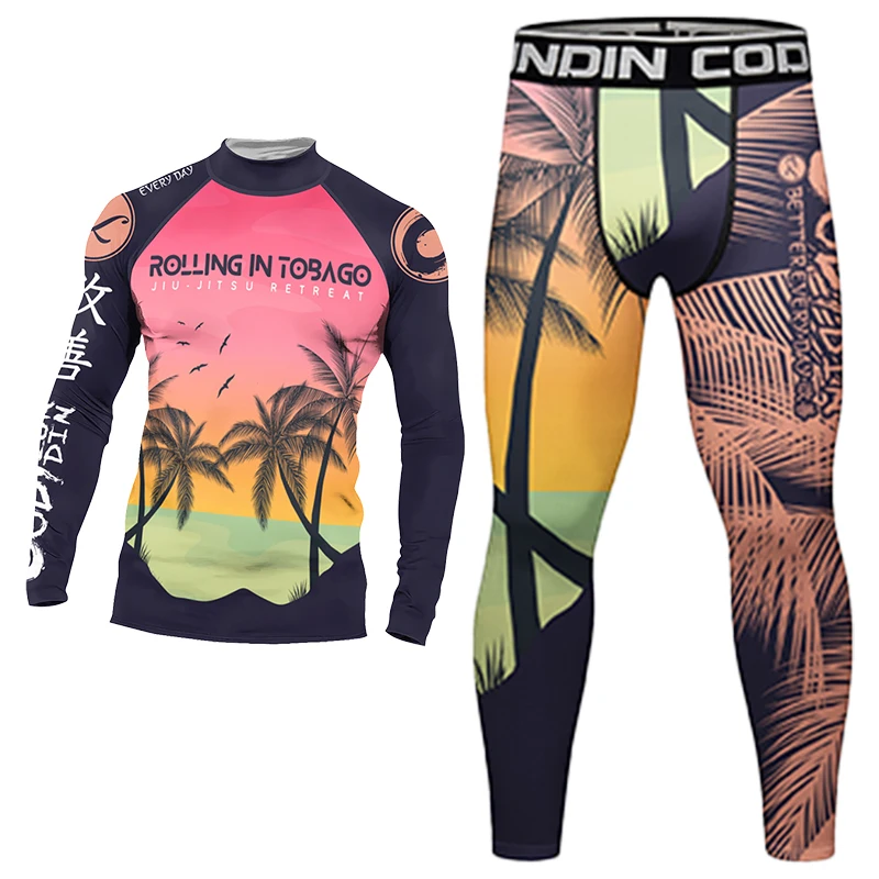 عطلة شجرة جوز الهند Rashguard الرجال الملاكمة MMA تي شيرت + بانت + MMA السراويل 4/قطعة مجموعات S مجموعات ملابس المصارعة كيك بوكسينغ رياضية