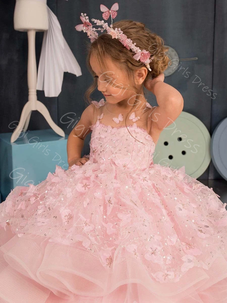 Roze bloemenmeisje jurk voor peuters 3D vlindervleugel gegolfde tule prinses optocht jurk aangepaste bruiloft baljurk