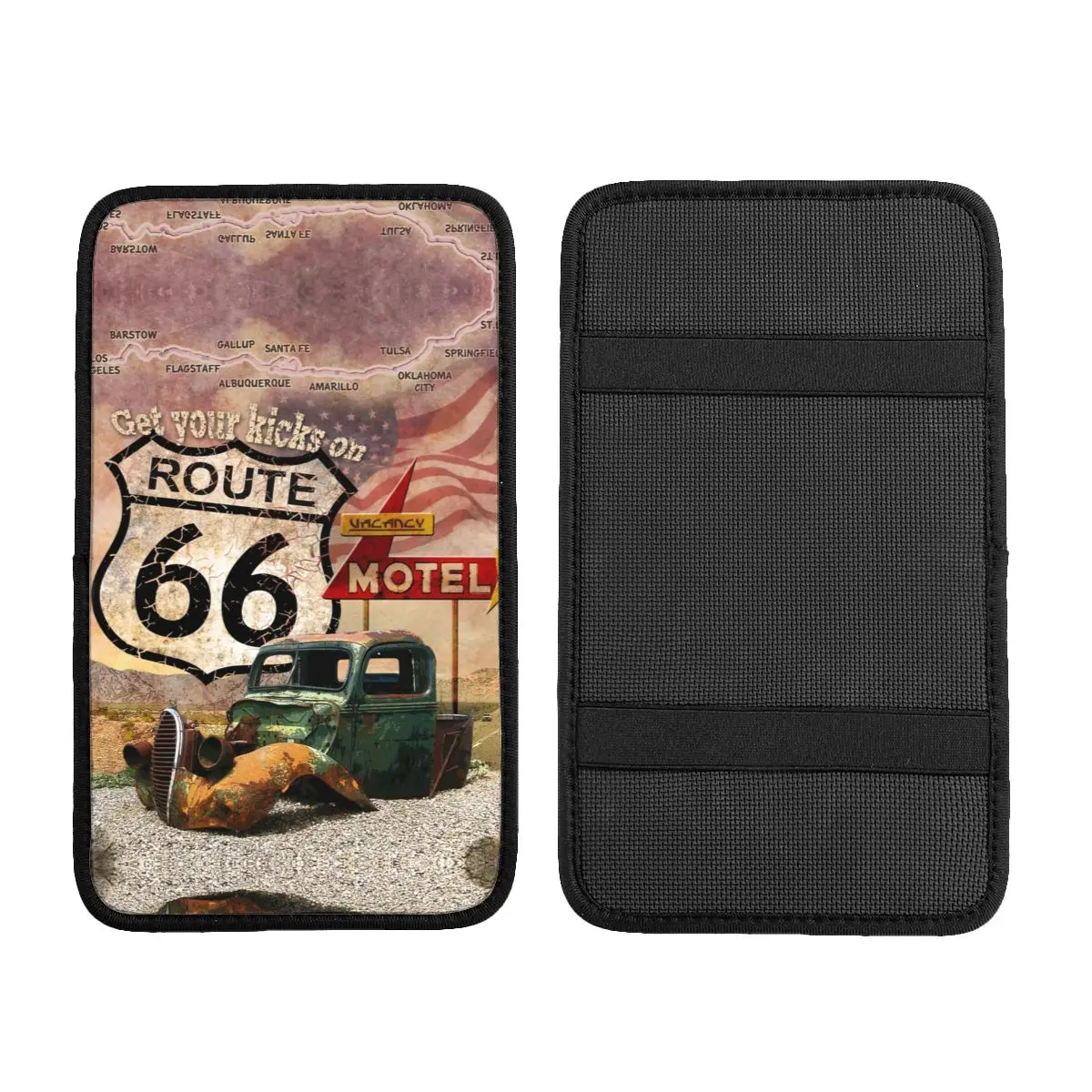 Custom Armrest Box Pad Get Your Kicks On Route 66 Car Center Console Protection Cover Mat USA Highways Road Sign Car Accessories