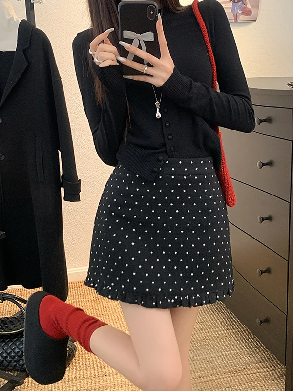 

plus Size Retro Polka Dot Woolen A-Line Skirt High Waist Slimming Design Flower Short Skirt for plus Size Women
