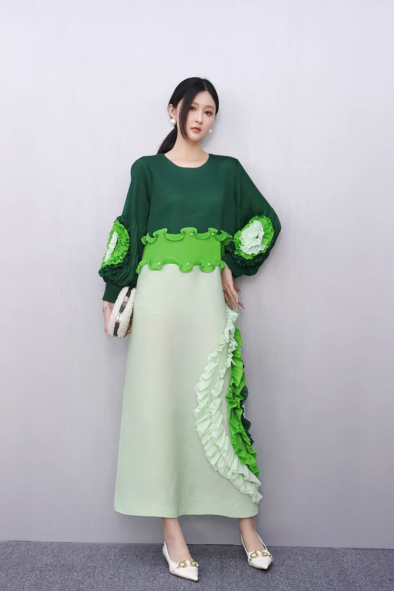 2025 Wiosna Lato Moda Elegancka Elastyczność Liść Lotosu Krawędź Luźne Długie Sukienki Damskie Sukienka z długim rękawem Hurtownia J1084