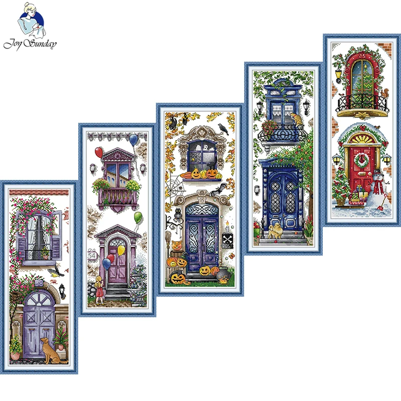 Joy Sunday Cross Stitch Kits Balcony Series Pattern Aida 16CT 14CT 11CT HD Prints Counted Fabric DIY Embroidery Set Art Crafts