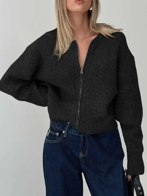 

Autumn and Winter Women's Casual Simple Long Sleeved Wool Sweater Solid Color Fashion Slim Fit Zipper Front Short Knit Jacket