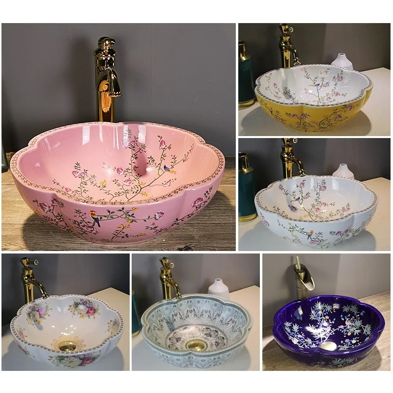 Household European Style Washbasin Washbasin Flower Petal Shaped Ceramic Washbasin