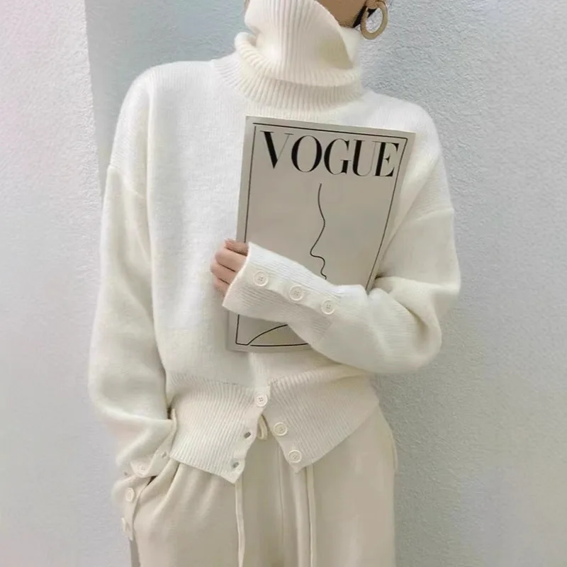 

Сплошной цвет пуловер водолазка свитер для женщин дизайн высокая талия топ на пуговицах ретро ленивый стиль корейский вязаный свитер