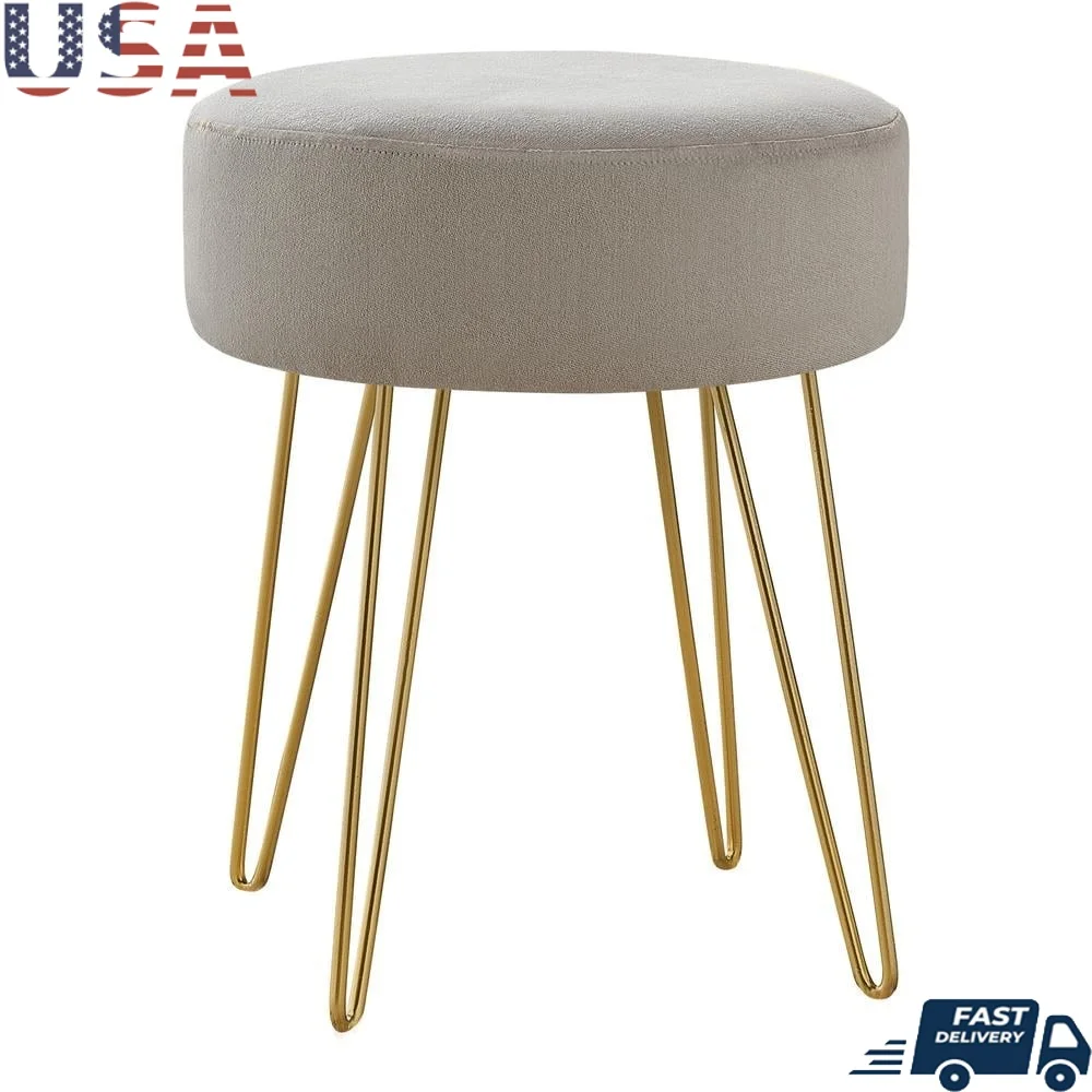 

Contemporary Round Ottoman Pouf Footrest Stool with Plush Fabric and Gold Metal Legs Living Room Bedroom