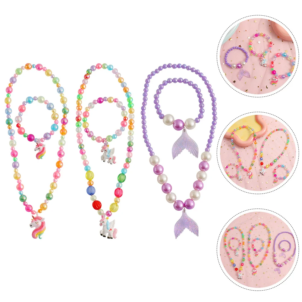 

3 set Beaded Necklace Bracelet Set For Little Girls Cartoon Jewelry Kids Party Gift Unicorn Toddler Accessories Play Pretend