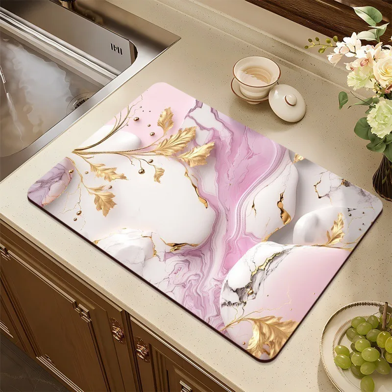 Pink Gold Marble Kitchen Drying Mat Non Slip Absorbent Countertop Mat for Dishes Coffee Maker Sink Coasters Coffee Tables