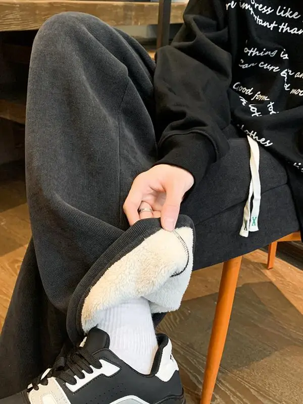 Men's Winter Thickened Fleece Lined Loose Straight Leg Casual Pants Fashionable Brand Warm Heavyweight Trendy Loose Fit Long ...