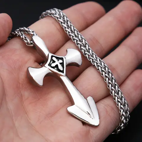 Gothic Templar Knight Cross Arrow Pendant Necklace Stainless Steel Unisex Punk Style Jewelry For Men Women Party Daily Accessory