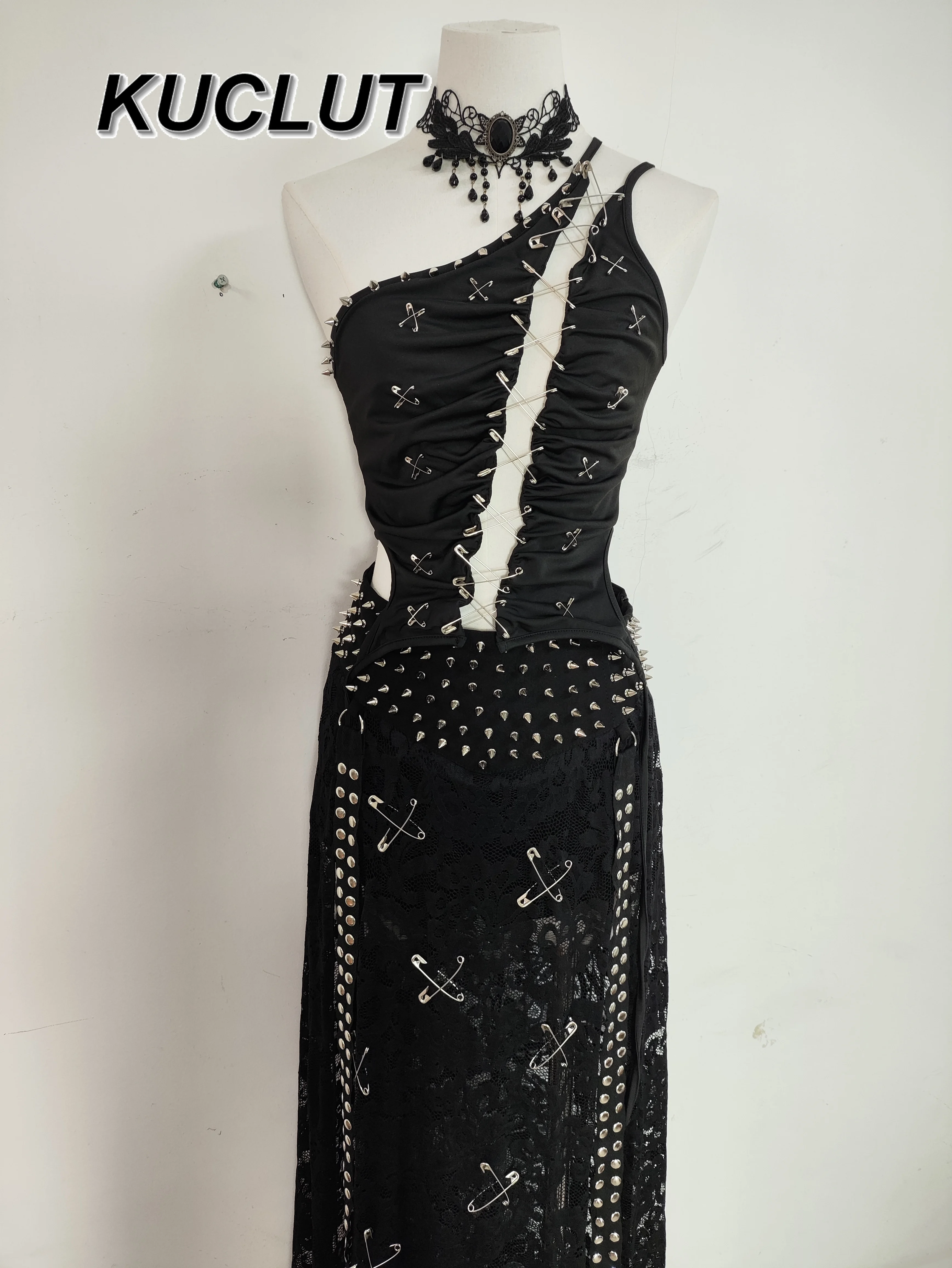 

Y2k Gothic Style 2 Piece Sets Womens Outfits Stitching Sexy Backless Tank Top Slim High Waist High Slit Lace Rivet Skirt Set