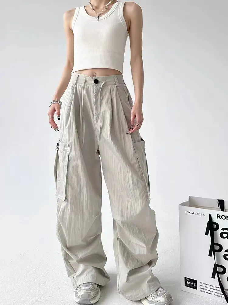 HOUZHOU Vintage Cargo Parachute Pants Women Y2k Oversized Streetwear Wide Leg Trousers Baggy Korean Harajuku Fashion Joggers