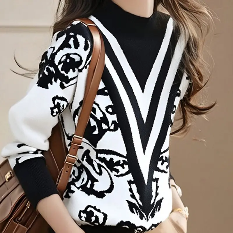Outono inverno pullovers feminino suéteres meia gola alta moda impressão manga comprida grosso topos suéteres