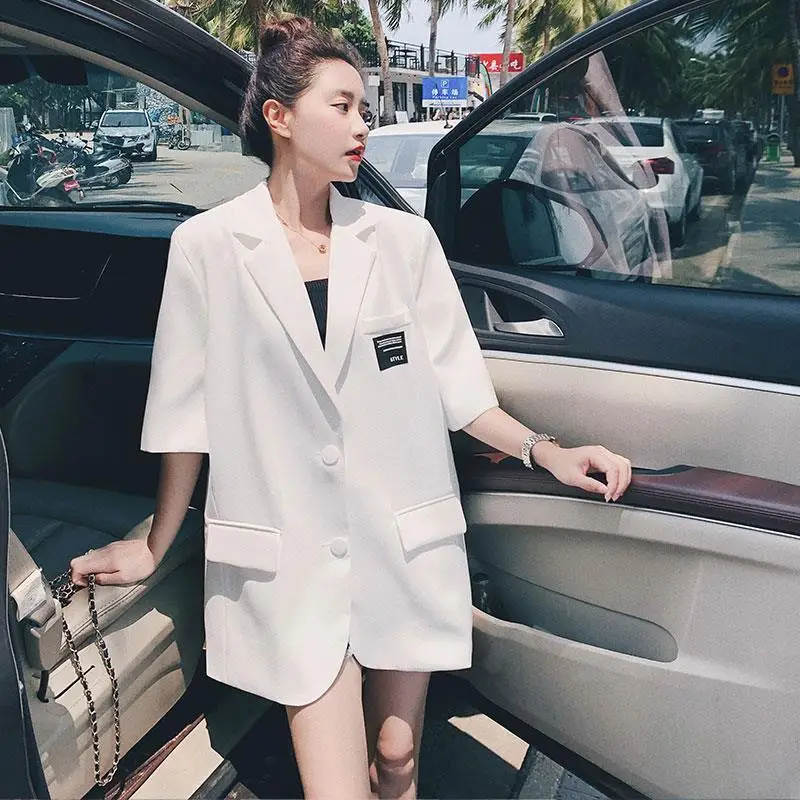 Summer Short Sleeve Blazer Women Streetwear Casual Loose Vintage Thin Tops Black Suit Korean Fashion Jacket Coat