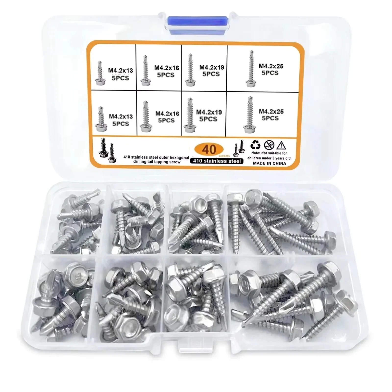 40PCS M4.2 410 Stainless Steel Tapping Screws with Drilling Point Outer Hexagon Washer Head Tek Plate Screw for Home Improvement
