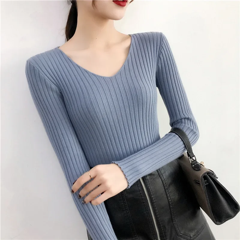 Autumn Winter Knitted V Neck Women Sweaters Casual Long Sleeve Pullover Soft Warm Sweater Femme Fashion Basic Solid Jersey Tops