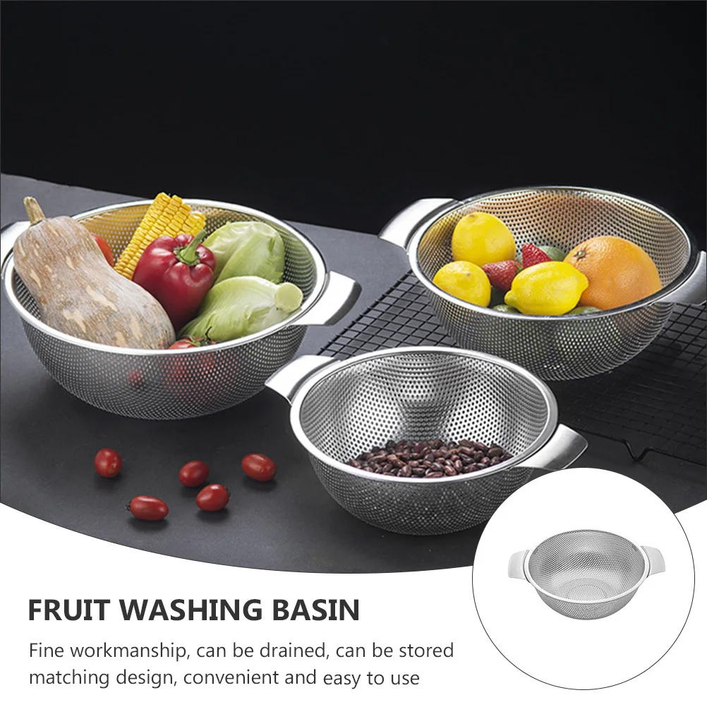 

1Pcs Stainless Steel Washing Basket Drain Bowl Double Ear Design Large Capacity Kitchen Strainer Multipurpose Fruit Vegetable