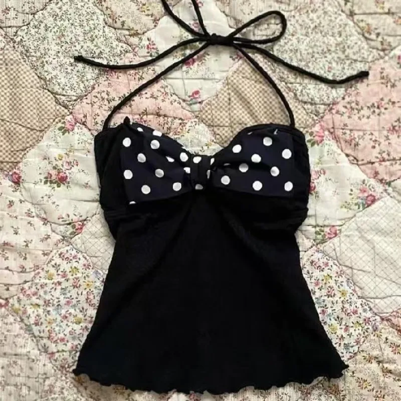 

Sweet Slim Hottie Camisole Subculture Aesthetic Halter Vest American Polka Dot Bow Patchwork Tanks Women's Retro Sexy Chic Tops