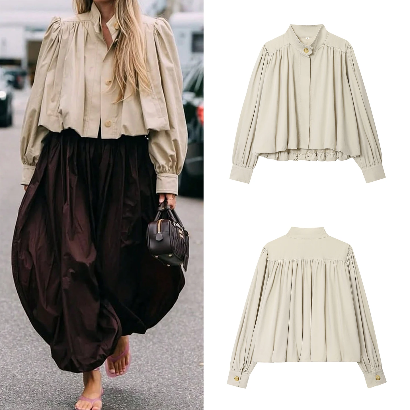 

Модный повседневный плиссированный женский тюнер с высоким воротником, осень 2023, Новое поступление, универсальный свободный крой для поездок на работу, длинный све