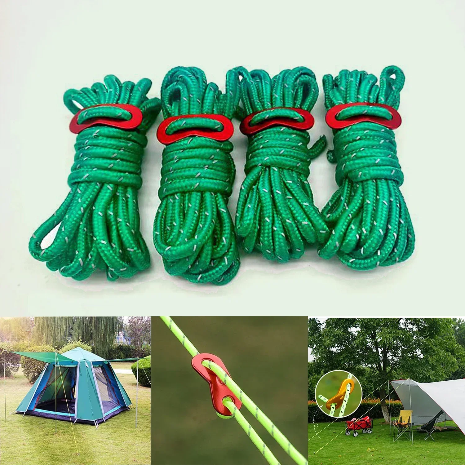 4 Pack 4mm Outdoor Lines Tent Cords, Windproof Rope,Camping Rope with Aluminum Guylines Adjuster for Tent Tarp,Canopy Shelter