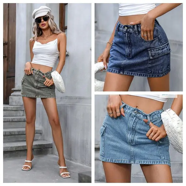 

Short Skirt High Waisted Vintage Women Washed Denim Slim Fit Sexy Streetwear Female A Line Cargo Multi Pocket Mini Skirts