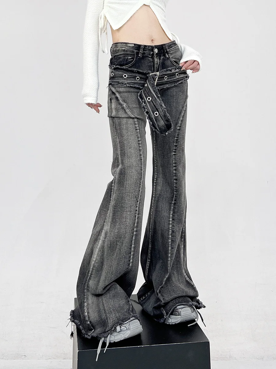 

Plus Size Bla Bell Bot Jeans Women's Design Sensation Small Waist Belt Slimming Floor Length Hoof Pants Early Spring