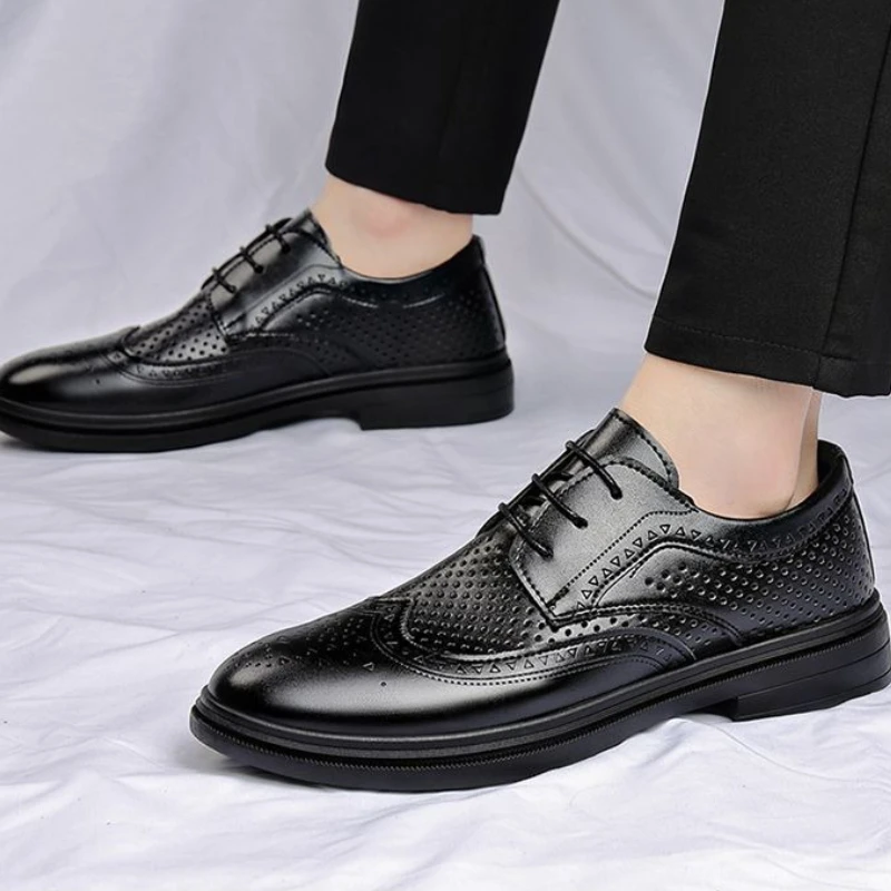 

Однотонная мужская официальная обувь на шнуровке, дышащая летняя обувь с круглым носком, модная одежда высокого качества 39, мужская социальная обувь из воловьей кожи