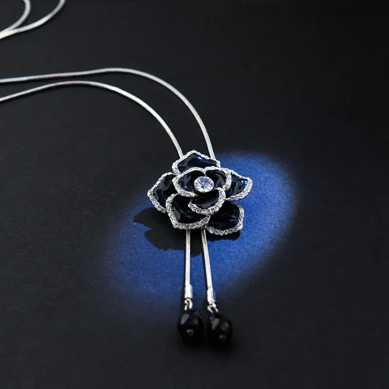 Famous Luxury Camellia Black Flowers Long  Neckless Collares Largos Charm Jewelry Sweater Chain for Women