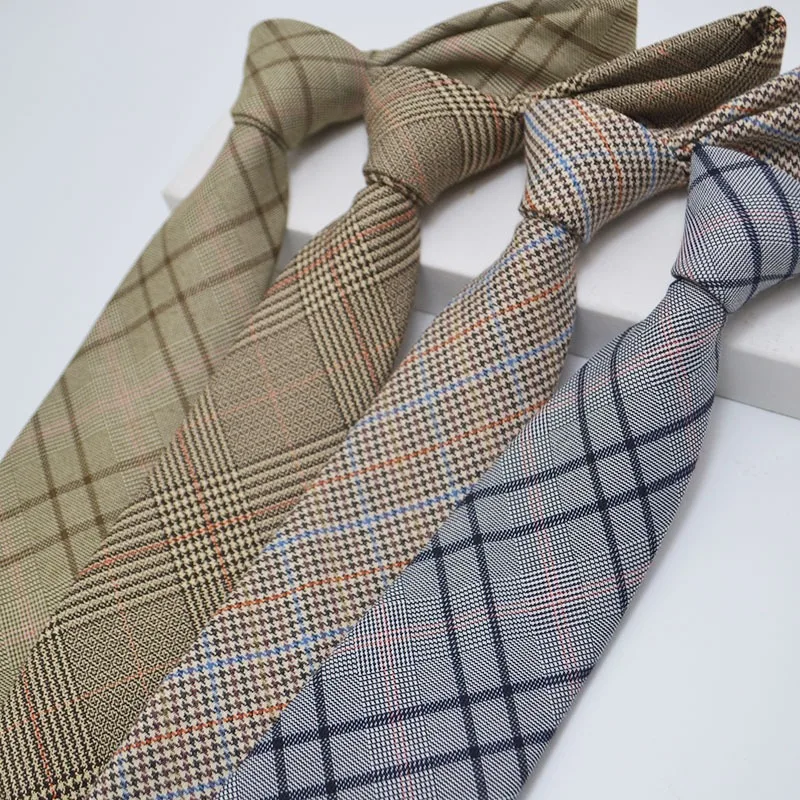 British Style Fashion TR Fabric Plaid Neck Ties For Men Formal Brown Khaki Wool Clip Tie Luxury Soft Free Knot Lazy-tie Cravat
