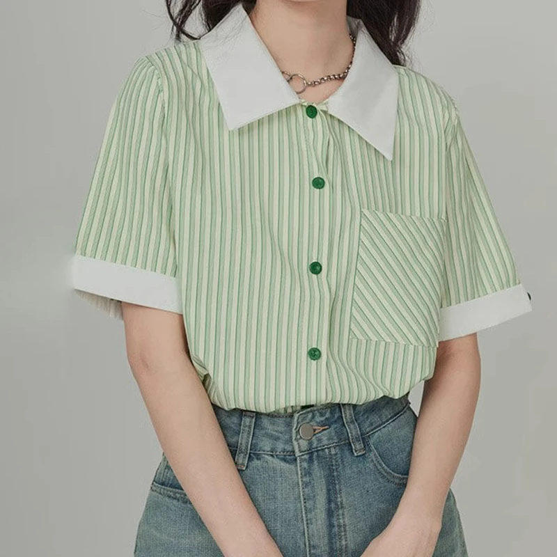 Summer Woman Clothes Green Short Sleeve Shirt French Romantic Fashion Style Simplicity Stripe Chic Youth Bright Polo-neck Casual