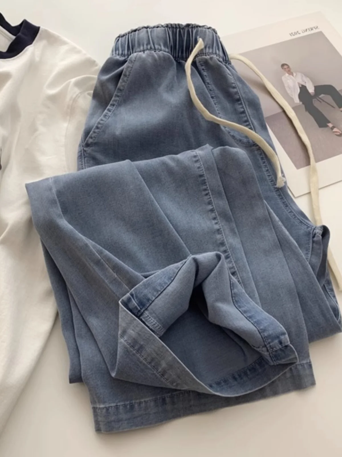 

High Waist Loose Fit Straight Leg Denim Jeans Women plus Size Summer Thin Wide Leg Pants Slimming Drapey Blue Jeans