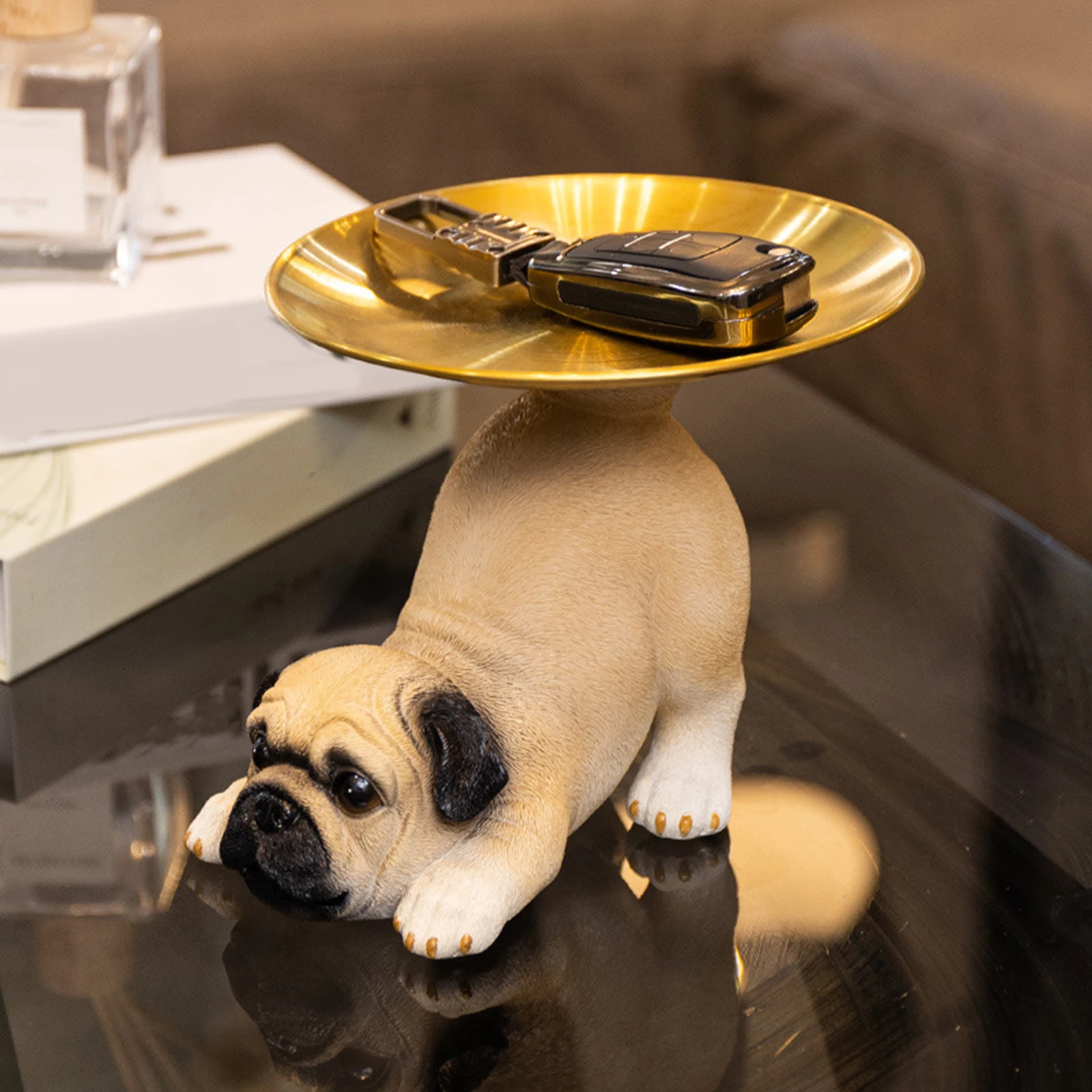 Pug Dog Statue Decorative Multipurpose Resin Dog Sculpture Entryway Key Holder for Entrance Living Room Table Office Bedroom