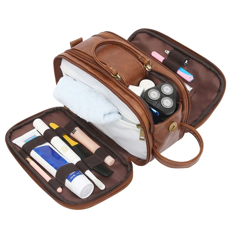 Large Capacity Travel Cosmetic Makeup Bag Portable Men Leather Toiletry Shaving Storage Bathroom Wash Bag Multifunctional