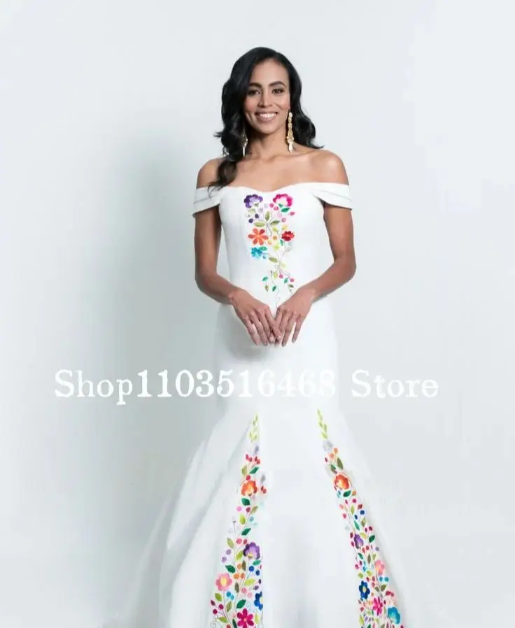 Elegant Mexican Style Formal Wedding Dress 2024 White Luxury One Shoulder 3D Floral Embroidery Skinny Mermaid فستان الزفاف