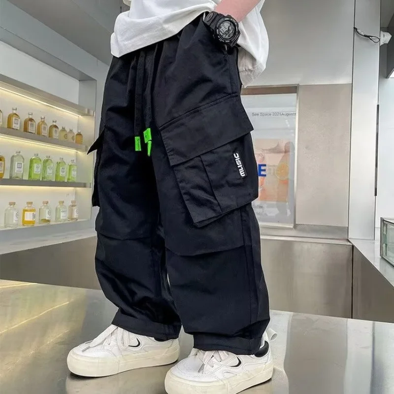 Boys Cargo Pants Kids Vintage Streetwear Straight Trousers Children Spring Fall Loose Wide-Legged Pants Teenager Casual Clothing