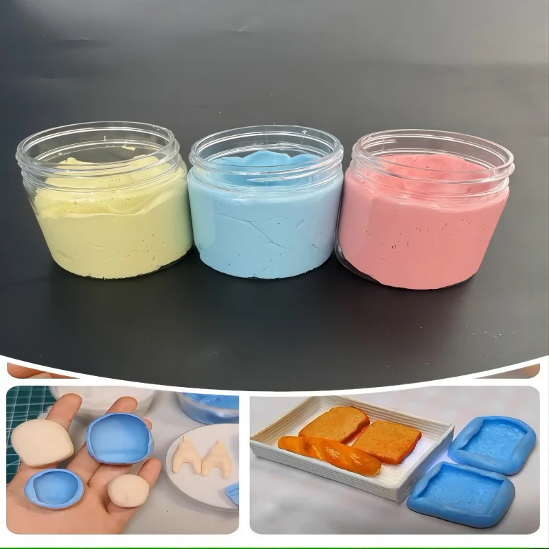 Take mold soil, clay, silicone gel, replicate clay, wear armor face mold, flip mold silicone gel, hand pinch silicone gel, food