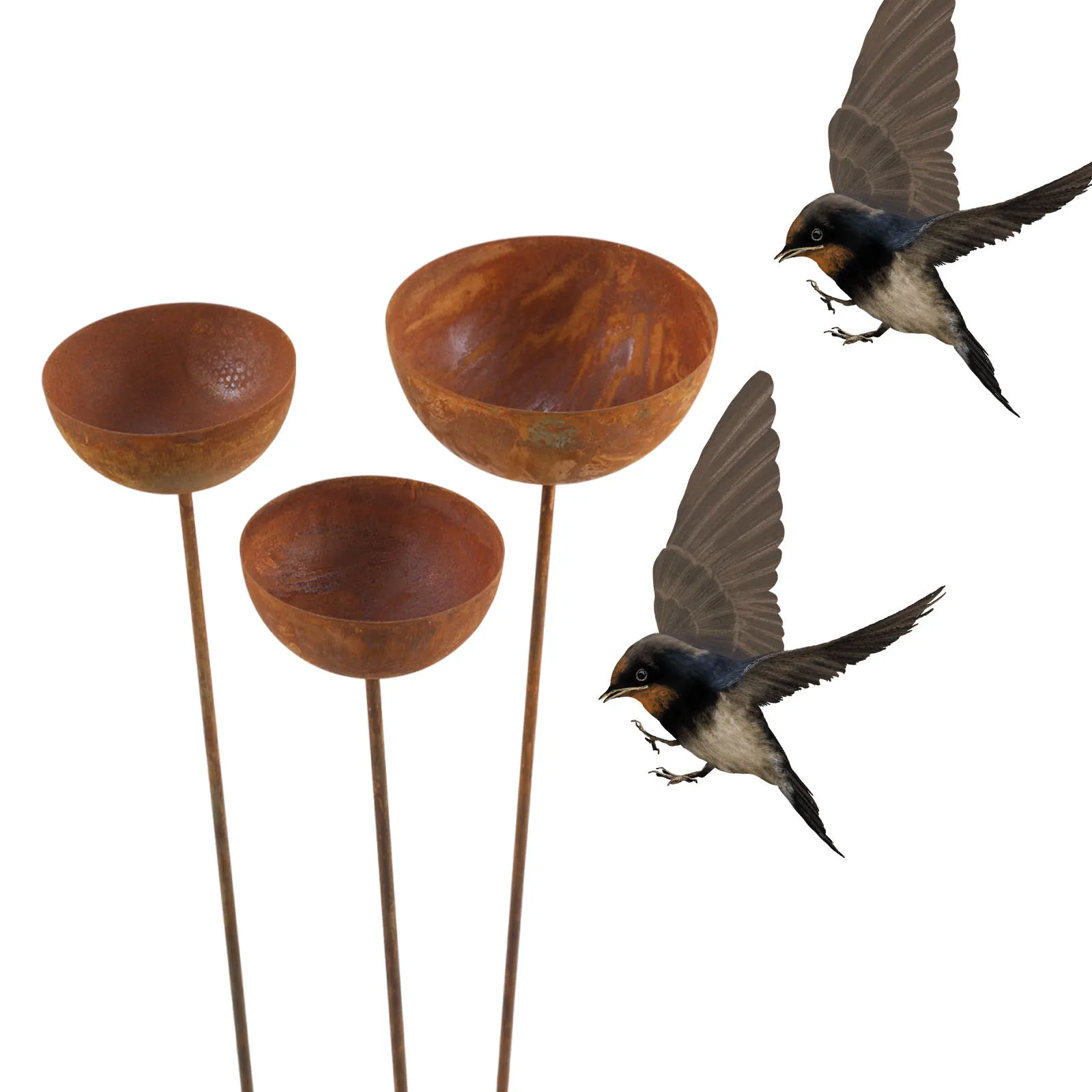 Birds Feeding Cup with 3-Tiered Water Bowls Rainwater Collector Metal Bird Bath Bowl Rusted Vintage Iron Garden Stake Decoration