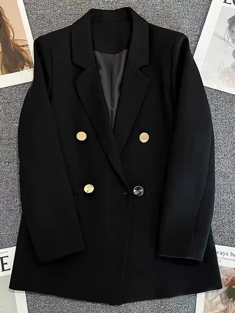 

Весенне-осенняя женская однотонная элегантная двубортная универсальная куртка, корейская мода, офисные женские пиджаки с длинными рукавами, модное пальто