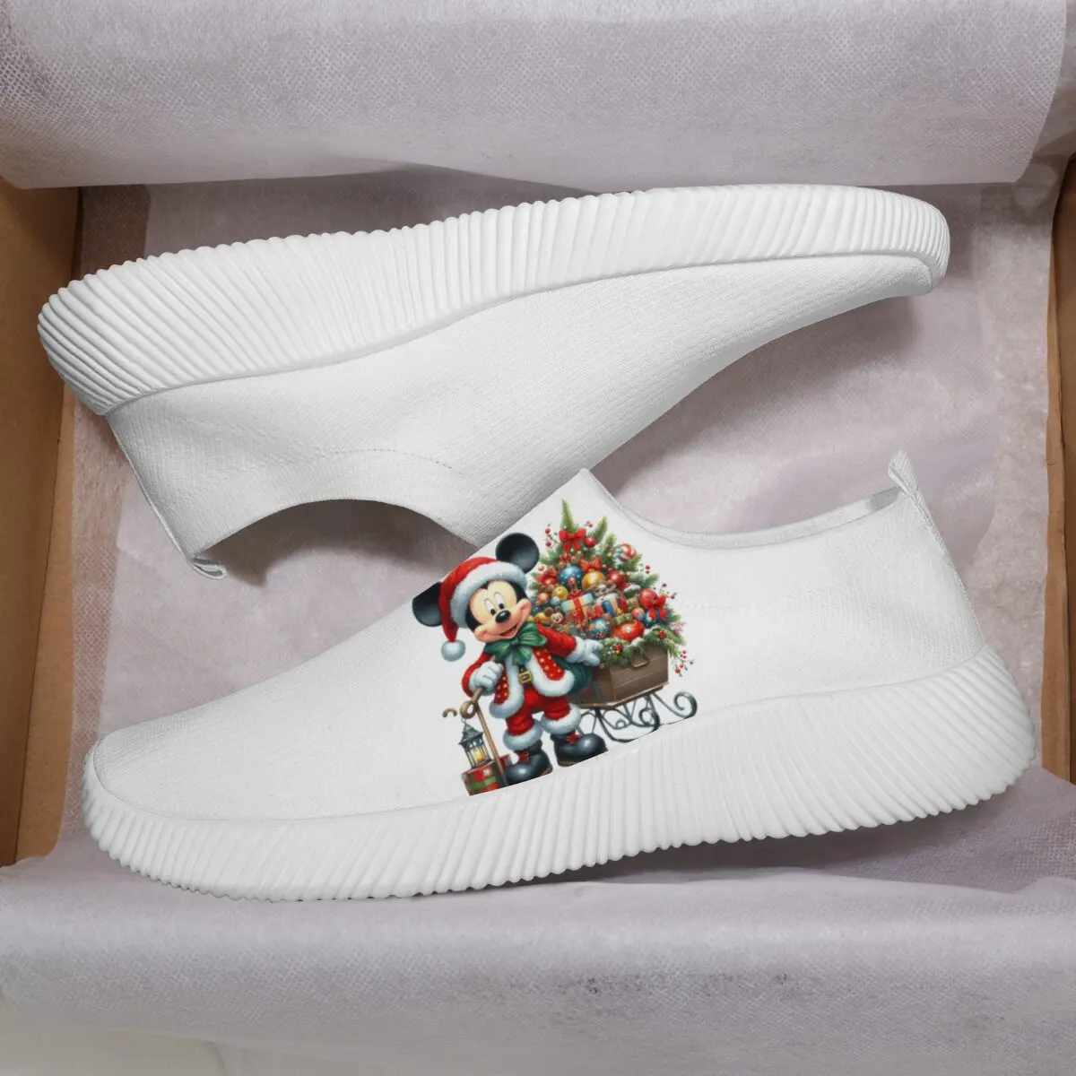 

Disney White Slip-On Sneakers with Mickey Mouse Christmas Design Lightweight Sports Casual Shoes Women Sneakers Ladies Shoes