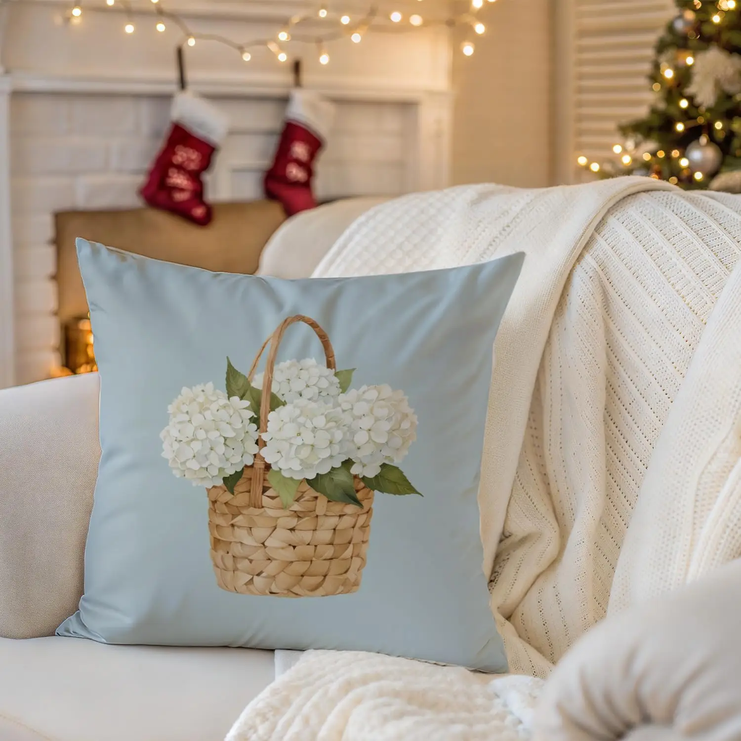 Rustic Hydrangea Flower Bouquet Basket Design Throw Pillow Cover Cushion Decorative Accent for Living Room Home Decor 40x40cm
