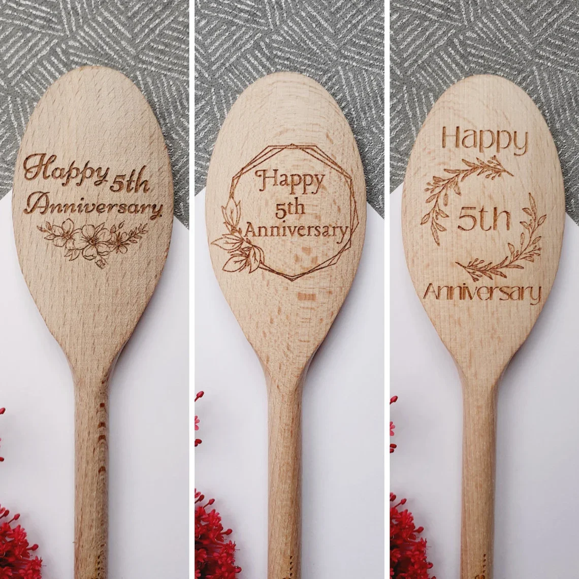 

1pcs Personalized 5th Wedding Anniversary Wooden Spoon Celebrating 5 Years of Marriage Wood Present for Couple Cooking Keepsake