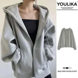 Casual Stylish Long Sleeved Hooded Coat for Women's Autumn Winter New Solid Color Zipper Cardigan Loose Versatile Sweatshirt Top