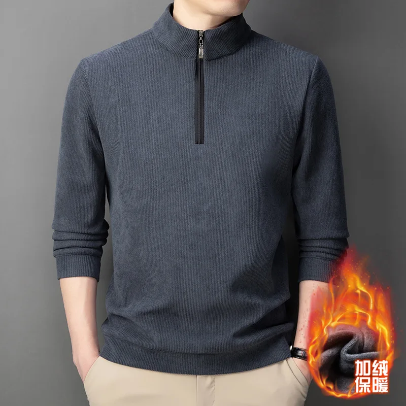 

Lined Thickened Men's Sweatshirt Winter Warm Casual Stand Collar Solid Color Long Sleeve T-Shirt