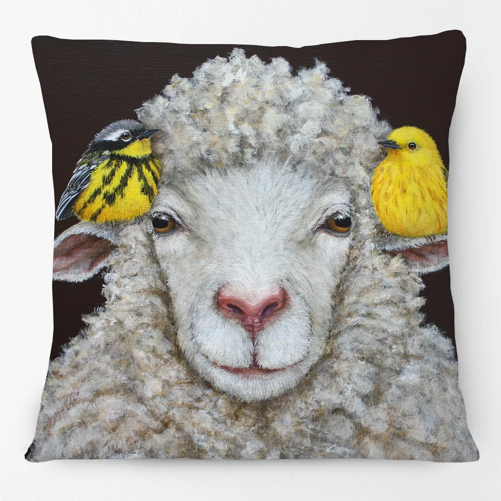 European Pug Dog Rabbit with Carrot Sheep Fox Birds Animals Cushion Cover Decorative Pillowcase
