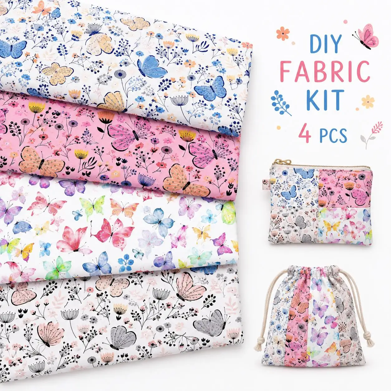 Pre-cut 4pcs 20X20cm Butterfly Animal Series 100% Polyester Fabric Set, Precut Quilting Squares, Hand Wash Only