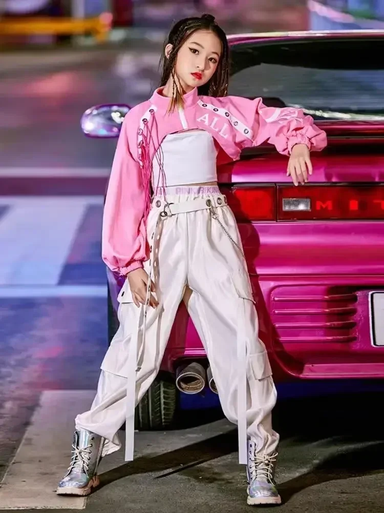 

Танцевальный костюм для девочек, розовый комплект одежды, женский костюм для джазового танца для девочек, детский уличный костюм в стиле хип-хоп, танцевальный джазовый сценический костюм для детей Kpop