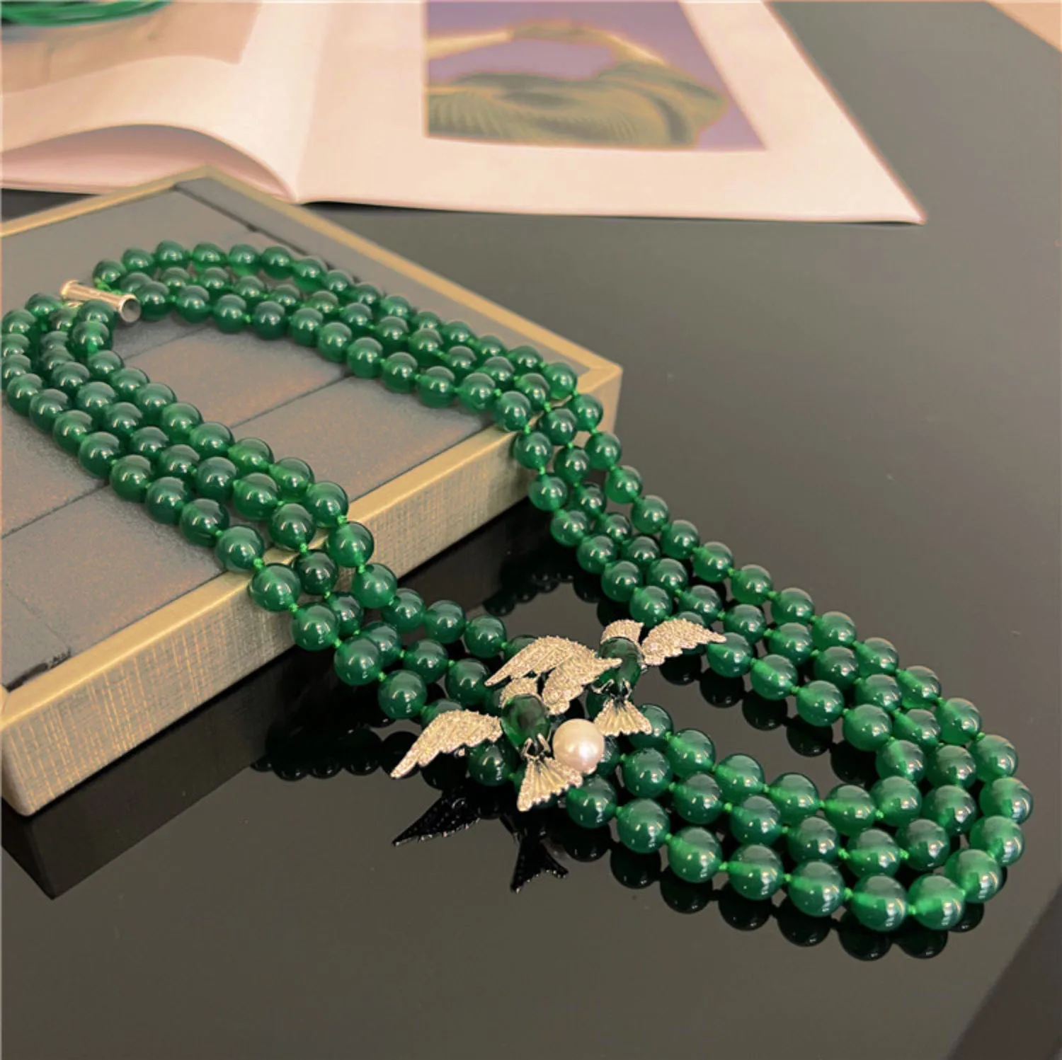 18-20'' 3 Rows Green Round Agate With Double  Bird Brooch Necklace