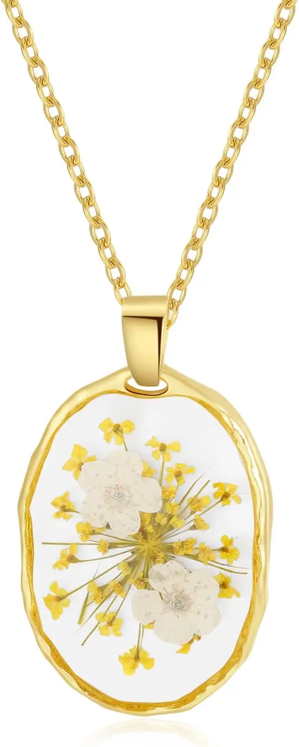 

Ожерелье Auntesign с прессованными дикими цветами: незабудки и цветы королевы Анны | Ожерелье с настоящим цветком, соответствующим месяцу рождения | Золотая/серебряная пресс-форма