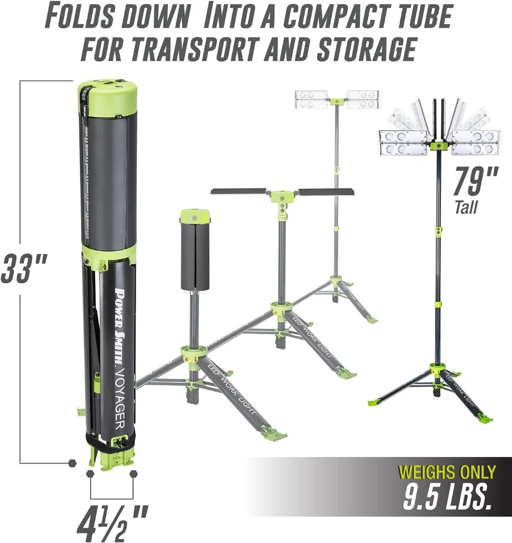 8000 Lumen Collapsible Cordless Tripod LED Work Light with Battery, Charger & Carry Bag Included. Optional 3-Way Power,Black